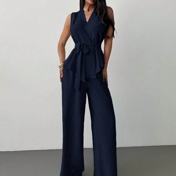 navy blue Elegant Women's Surplice Sleeveless Belted Blouse & Wide leg Pant Set - Picture 7 of 7